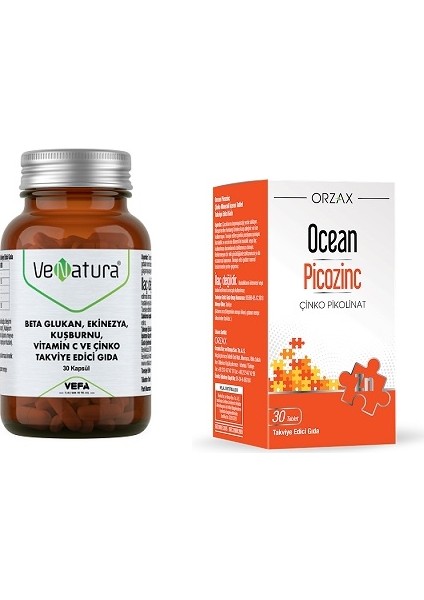 Beta Glukan, Ekinezya, Kuşburnu, Vitamin C ve Çinko 30 Kapsül + Ocean Picozinc Çinko 30 Tablet