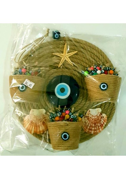 Üç Saksılı Nazar Boncuklu Hasır Örgü Duvar Süsü 25CM