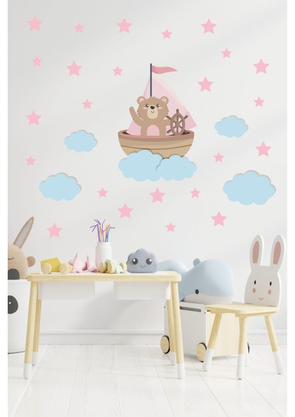 Sevimli Ayıcık ve Pembe Yıldızlar Çocuk Odası Duvar Sticker