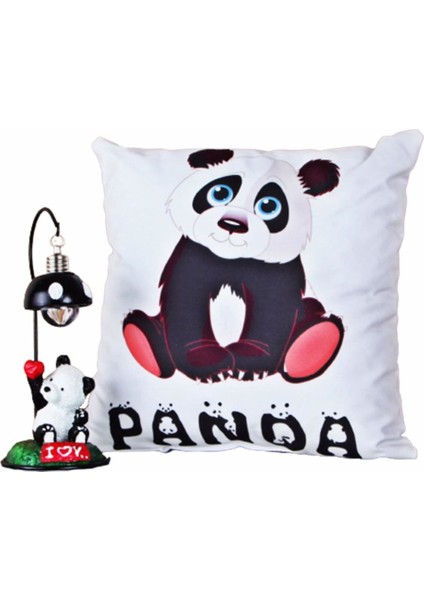 Panda Masa Lambası Işıklı Biblo Panda Puf Yastık Panda 2'li Set