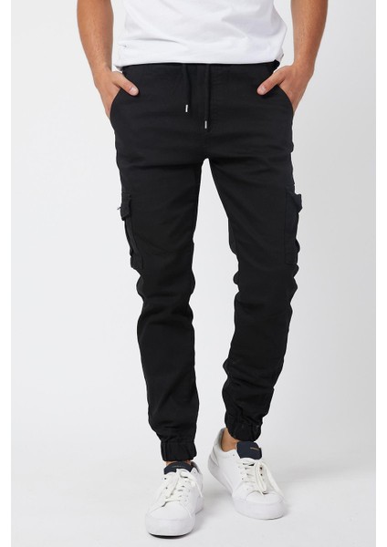 Slim Fit None Denim Yandan Cepli Bel Bağcıklı, Paçaları Lastikli Esnek Kumaş Erkek Kargo Pantolon
