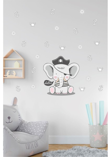 Sevimli Korsan Fil, Çapa, Dümen ve Yengeçler Çocuk Odası Duvar Sticker
