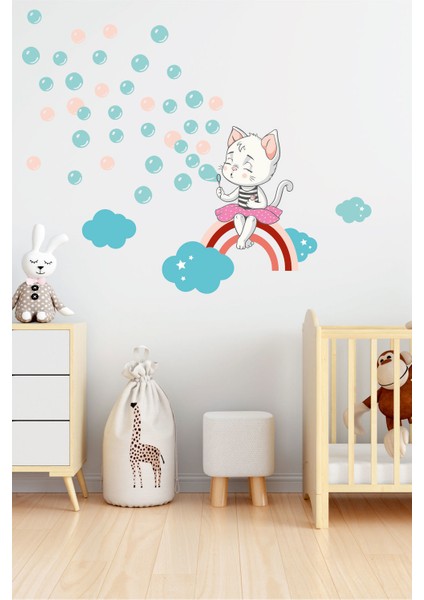 Sevimli Kedicik ve Baloncuklar Çocuk Odası Duvar Sticker