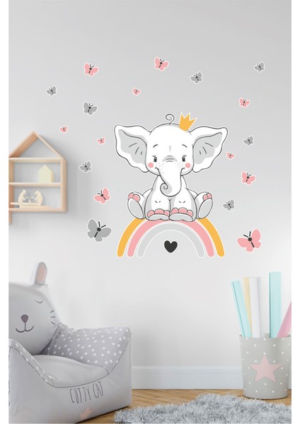 Gökkuşağı Üstünde Sevimli Fil ve Yıldızlar Çocuk Odası Duvar Sticker
