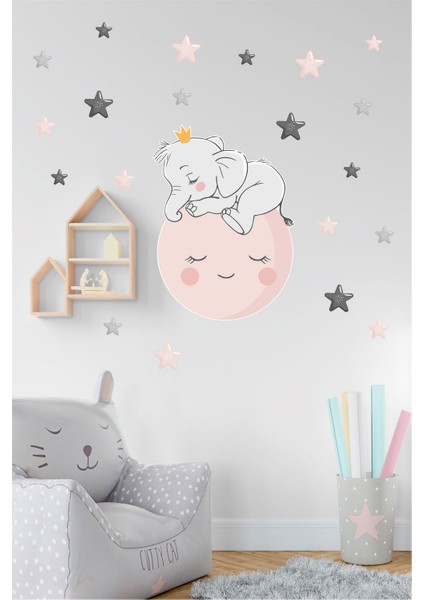 Ay Üstünde Uyuyan Sevimli Fil ve Yıldızlar Çocuk Odası Duvar Sticker