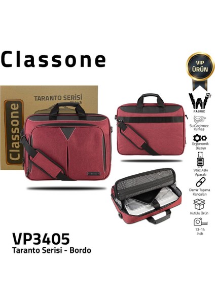 Taranto VP3405 14" Su Geçirmez Kumaş , Laptop ,notebook El Çantası-Bordo