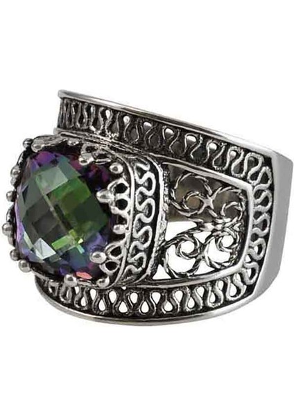 925 Ayar Gümüş Otantik El Işçiliği Telkari Doğal Rainbow Kuvars Taşlı Kadın Yüzük