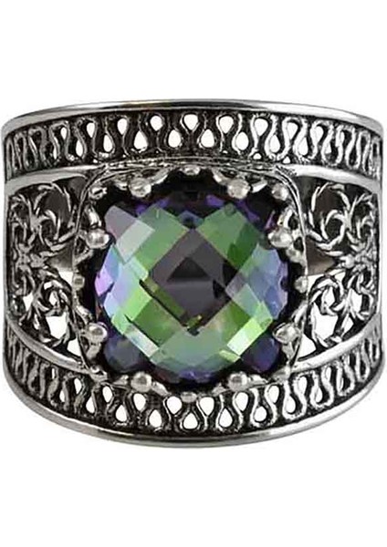 925 Ayar Gümüş Otantik El Işçiliği Telkari Doğal Rainbow Kuvars Taşlı Kadın Yüzük fiyatları