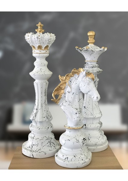 3'lü Satranç Biblosu Şah Vezir At Beyaz Mermer