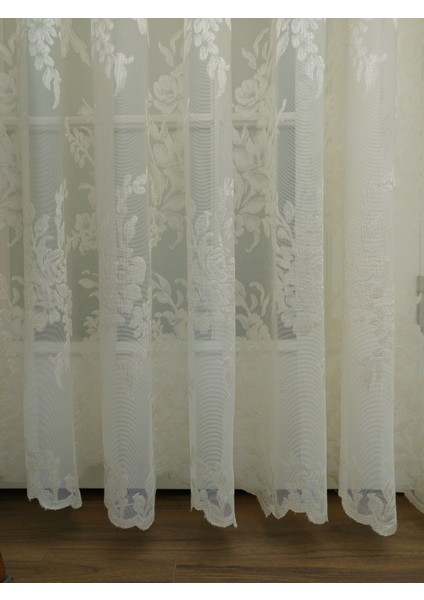 Gül Desenli Dantel Tül Perde, 550X250, Sık Pile, 1/3 modelleri
