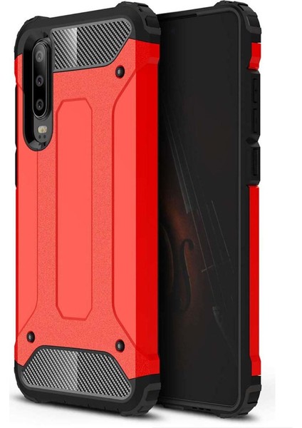 Huawei P30 Kılıf Koruyucu Çift Katmanlı Armor Case Kırmızı