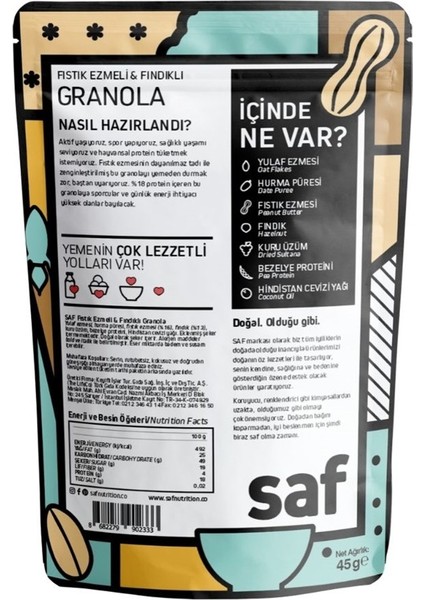 Saf Nutrition Fıstık Ezmeli  Fındıklı Granola, 45 gr x 4