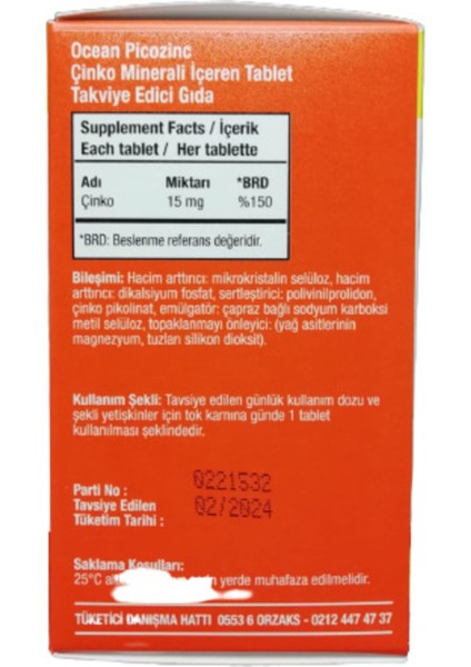 Ocean Picozinc Çinko Pikolinat 15 Mg 45 Tablet x 2 (90 Tablet) fiyatları