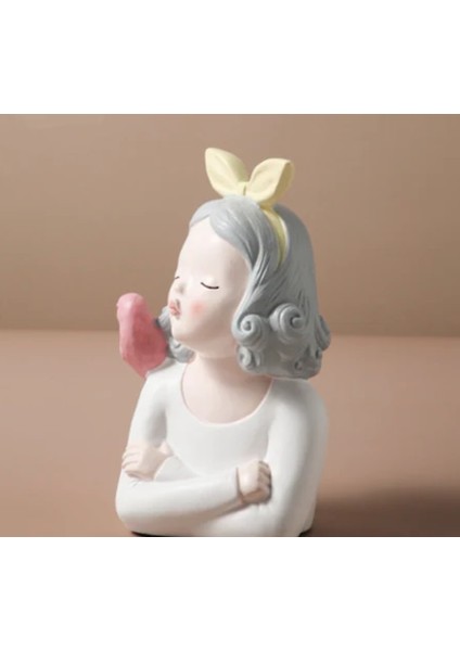 Kadın Sanatı Dekorasyon Figürü Biblo 15 X 11 Cm. Poliserin , Omzunda Pembe Kuş