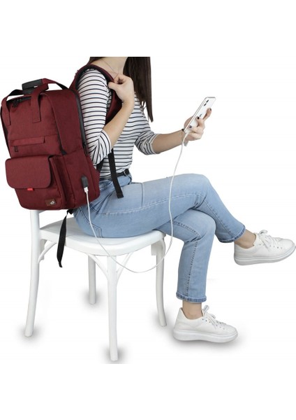 Smart Bag USB Şarj Girişli Akıllı Sırt Çantası 1205 Bordo