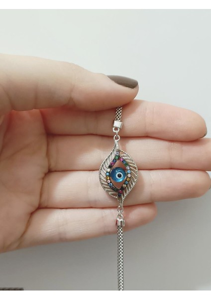 Gümüş Renkli Zirkon Taşlı Göz Boncuklu Bileklik