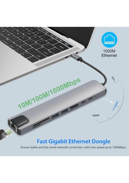 8 In 1 Type-C Hub 87W Pd HDMI Ethernet Typec Çoklayıcı Dönüştürücü Adaptör