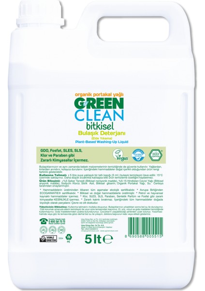 Green Clean Organik Portakal Yağlı Bitkisel Bulaşık Deterjanı 5 Lt ELDE YIKAMA