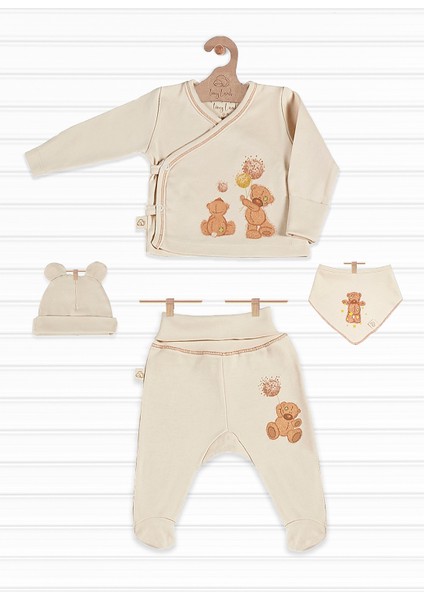 Tinylamb Fluffy Bear Organik Pamuk Penye Yeni Doğan Mini Set Patikli Pijama ve Uzun Kollu Kruvaze - 4 Parça
