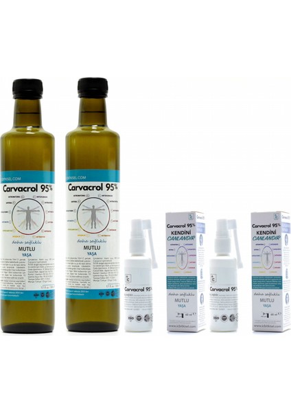 Ic Bitkisel Carvacrol 95 Karvakrol Seti 2 Adet x 500ML Cam Şişe + 2 Ad x 60ML Ağız Spreyi