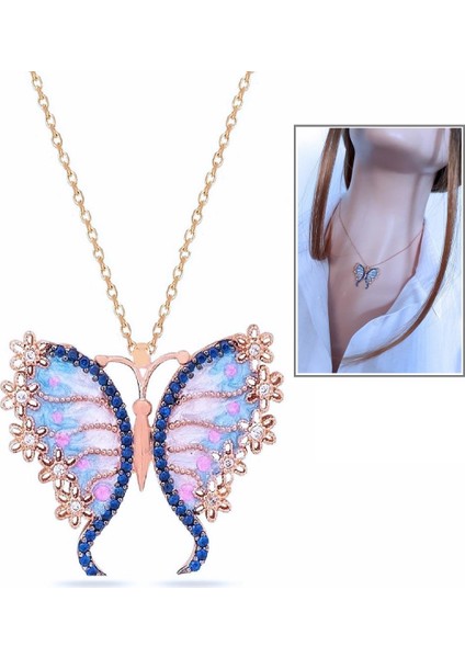 Mavi Mineli Rose Bahar Kelebeği Kolye_rose fiyatları