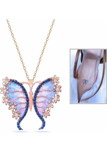 Mavi Mineli Rose Bahar Kelebeği Kolye_rose modelleri