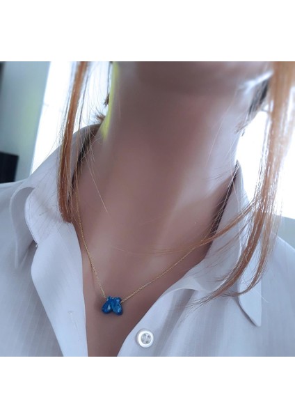 Koyu Mavi Kelebek Resin Taş Kolye _14K Altın Kapl.