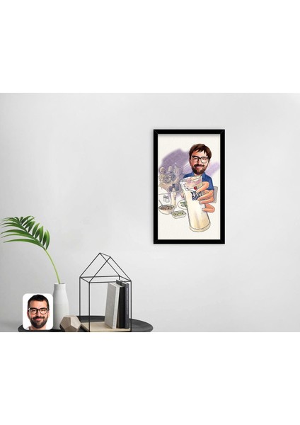 Gift Erkek Rakı Karikatürlü Dekoratif Ahşap Siyah Çerçeveli Tablo-1