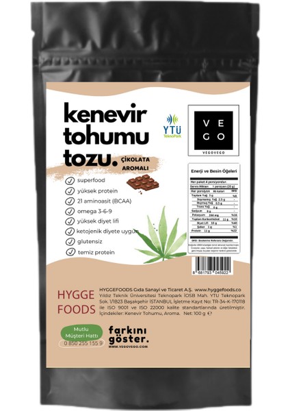 Vegovego Kenevir Kendir Tohumu Tozu - Çikolata Aromalı 100 g