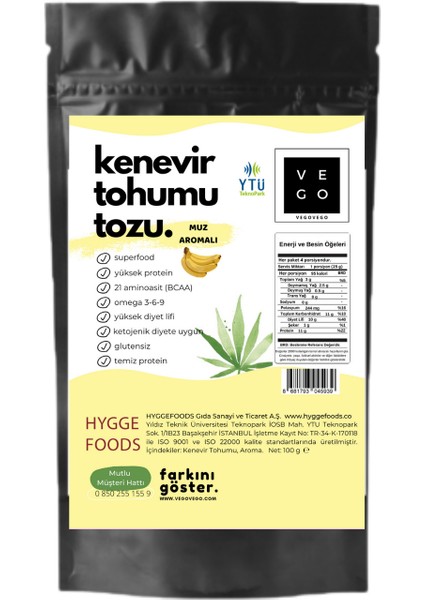 Vegovego Kenevir Kendir Tohumu Tozu - Muz Aromalı 100 g