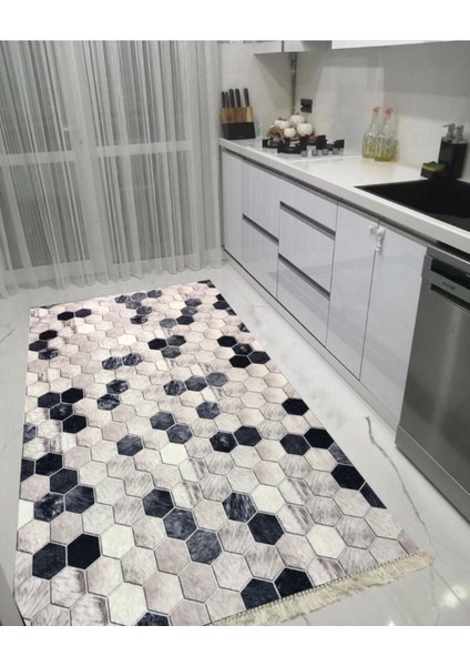 Küp Kaymaz Tabanlı Yıkanabilir Halı Kilim Yolluk Dijital Baskı Gri 42