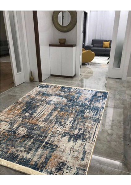 Retro Kaymaz Tabanlı Yıkanabilir Halı Kilim Yolluk Dijital Baskı Mavi42