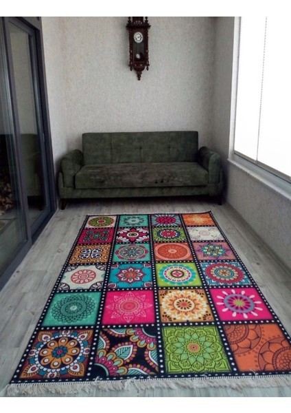 Çini Kaymaz Tabanlı Yıkanabilir Halı Kilim Yolluk Dijital Baskı Mavi9