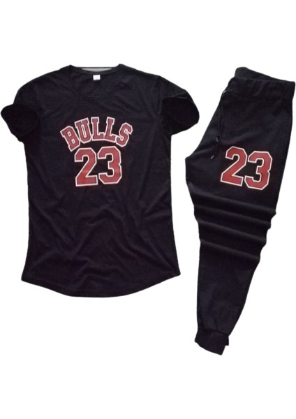 Bulls 23 Baskılı Pamuk Koyu Siyah Kısa Kollu Çift Cep Dar Kesim Outdoor Ince Yazlık Erkek Eşofman Takımı