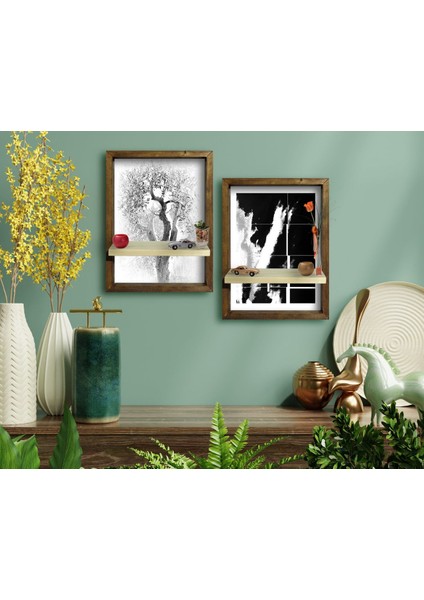 Gift 2'li Doğal Masif Ahşap Çerçeveli Tablo Duvar Rafı-11