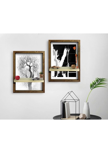 Gift 2'li Doğal Masif Ahşap Çerçeveli Tablo Duvar Rafı-11 fiyatları