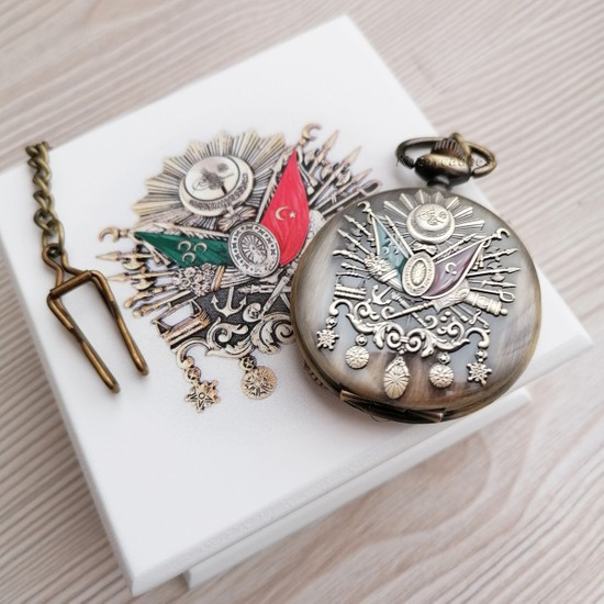 Kuzey Caddesi Kişiye Özel Osmanlı Arma Kapaklı Vintage Köstekli Saat Cep Saati Osmanlı Armalı Ahşap Kutulu
