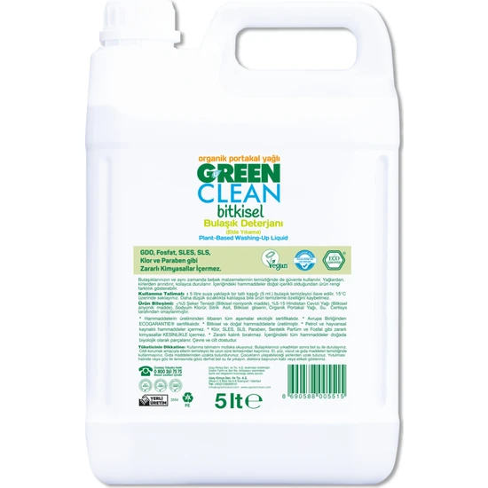 Green Clean Organik Portakal Yağlı Bitkisel Bulaşık Deterjanı 5 Lt ELDE YIKAMA