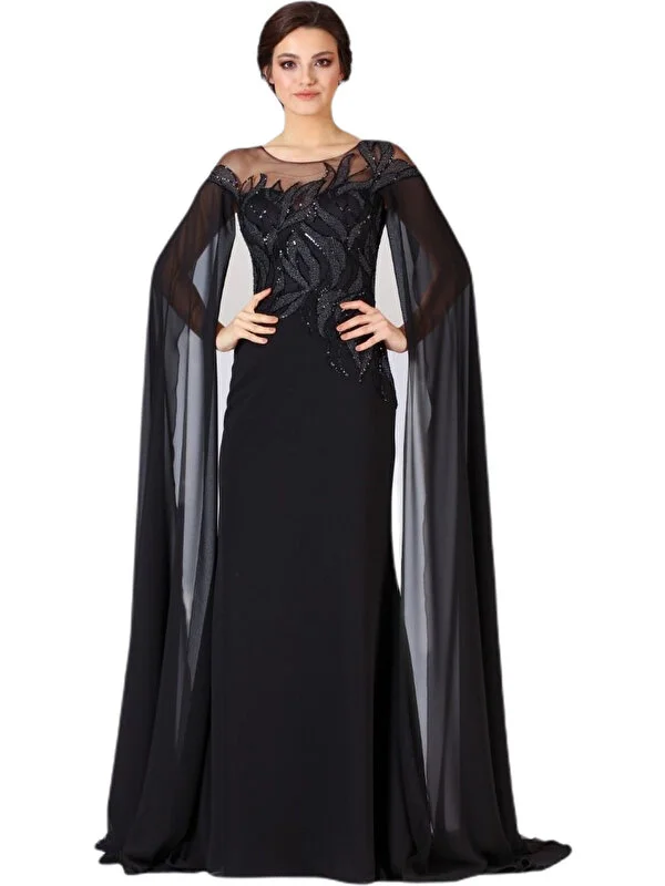 Niobe Siyah Yuvarlak Yaka Kolları Uzun Tül Detaylı Abiye Gece Elbisesi