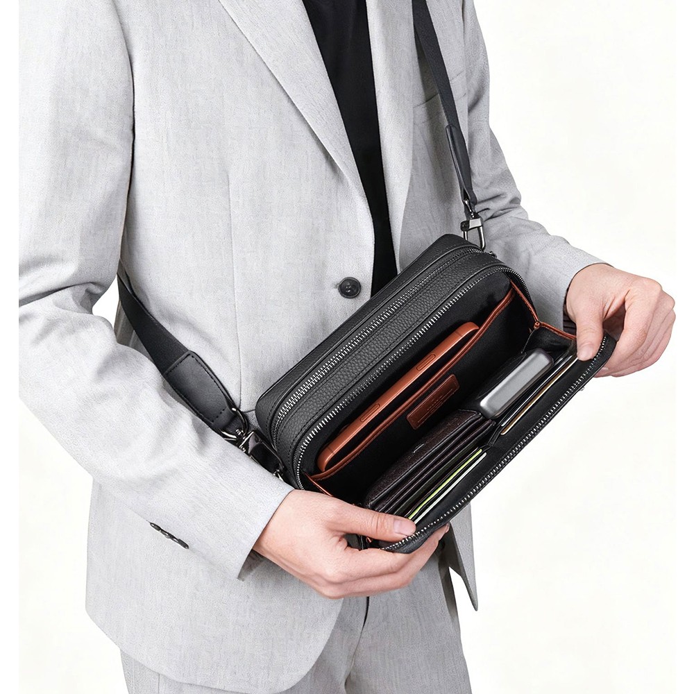 Wiwu Master Genuie Leather Serisi Parmak Izi Kilitli Çok Fonksiyonlu Deri Çapraz Vücut Çantası Siyah görsel 3