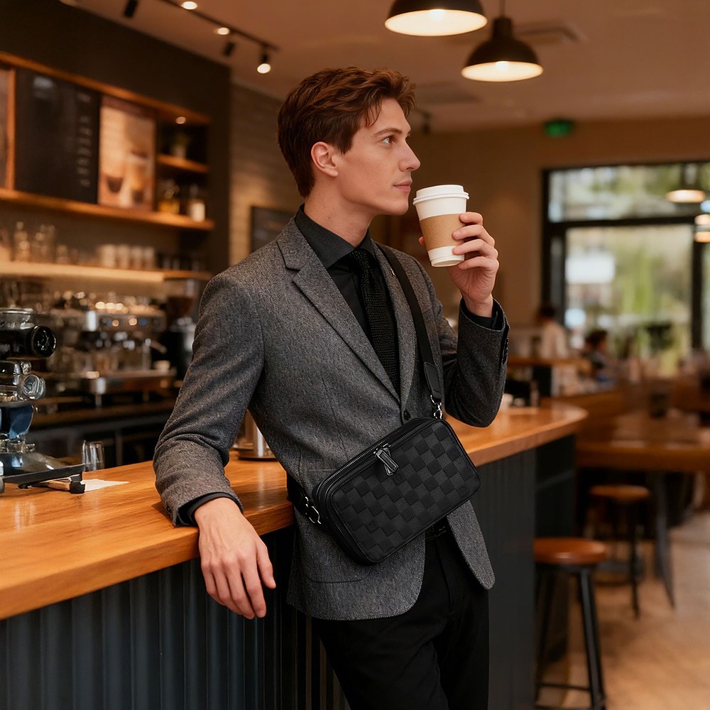 Wiwu Master Genuie Leather Serisi Parmak Izi Kilitli Çok Fonksiyonlu Deri Çapraz Vücut Çantası Siyah görsel 5