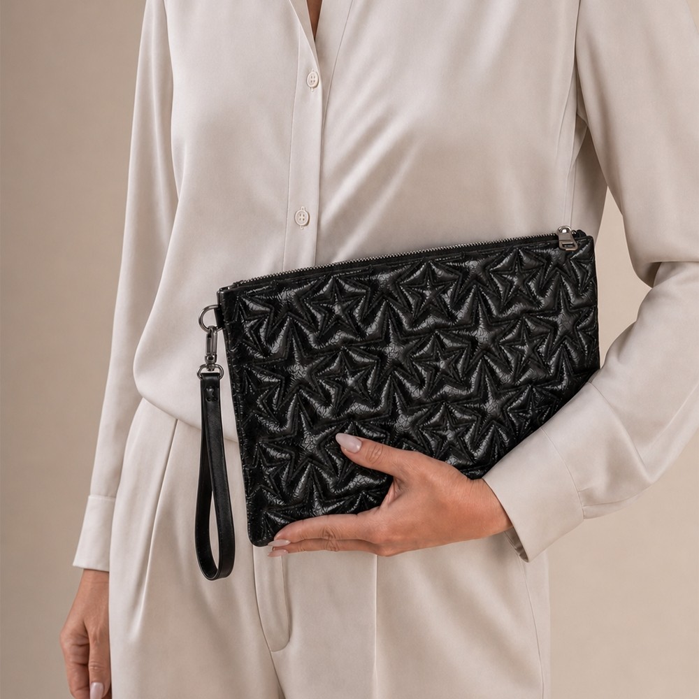 Ecrou Yıldız Desenli Siyah Parlak Portföy & Clutch Çanta Çıkarılabilir Bileklik Askılı 30 x 19 cm görsel 3