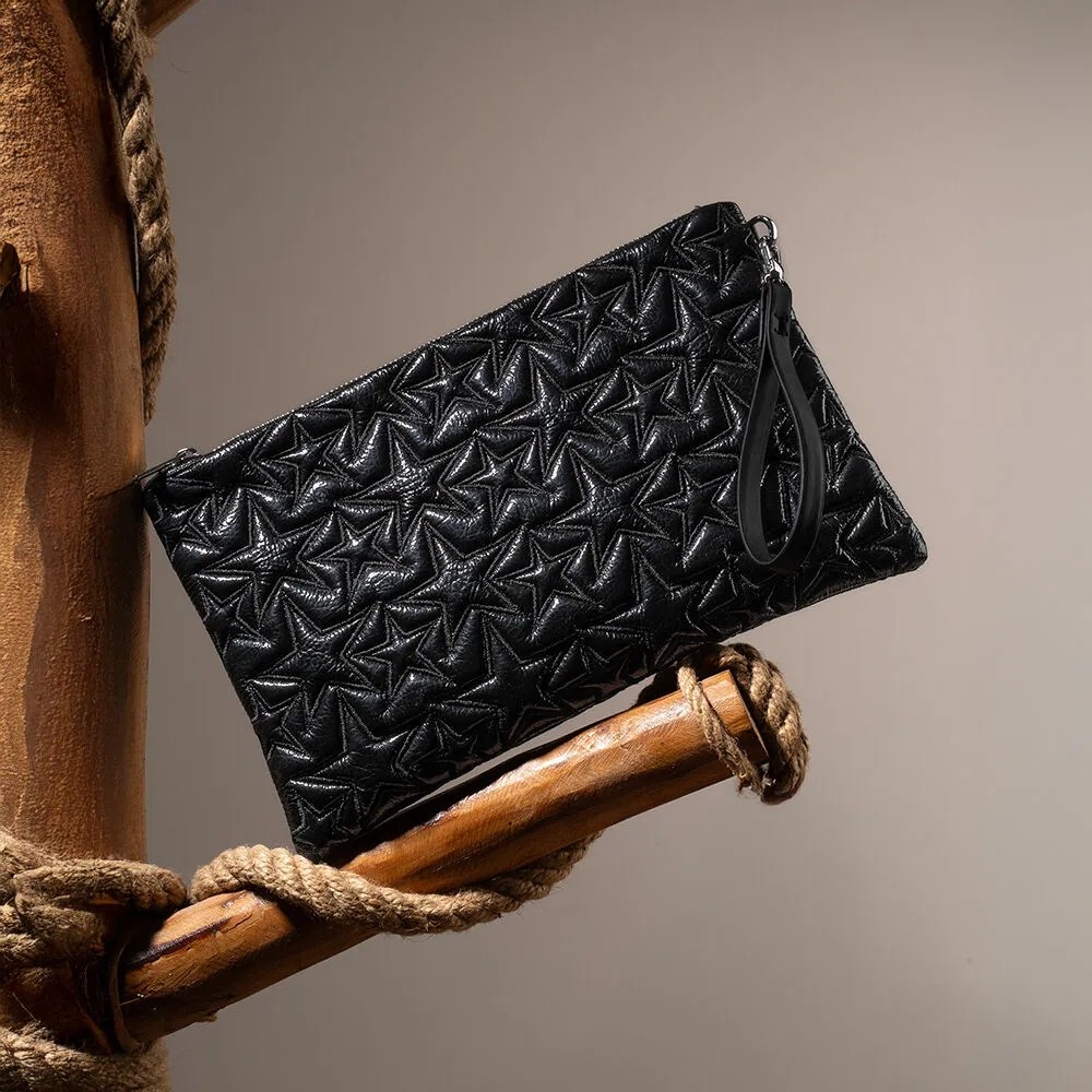 Ecrou Yıldız Desenli Siyah Parlak Portföy & Clutch Çanta Çıkarılabilir Bileklik Askılı 30 x 19 cm görsel 8