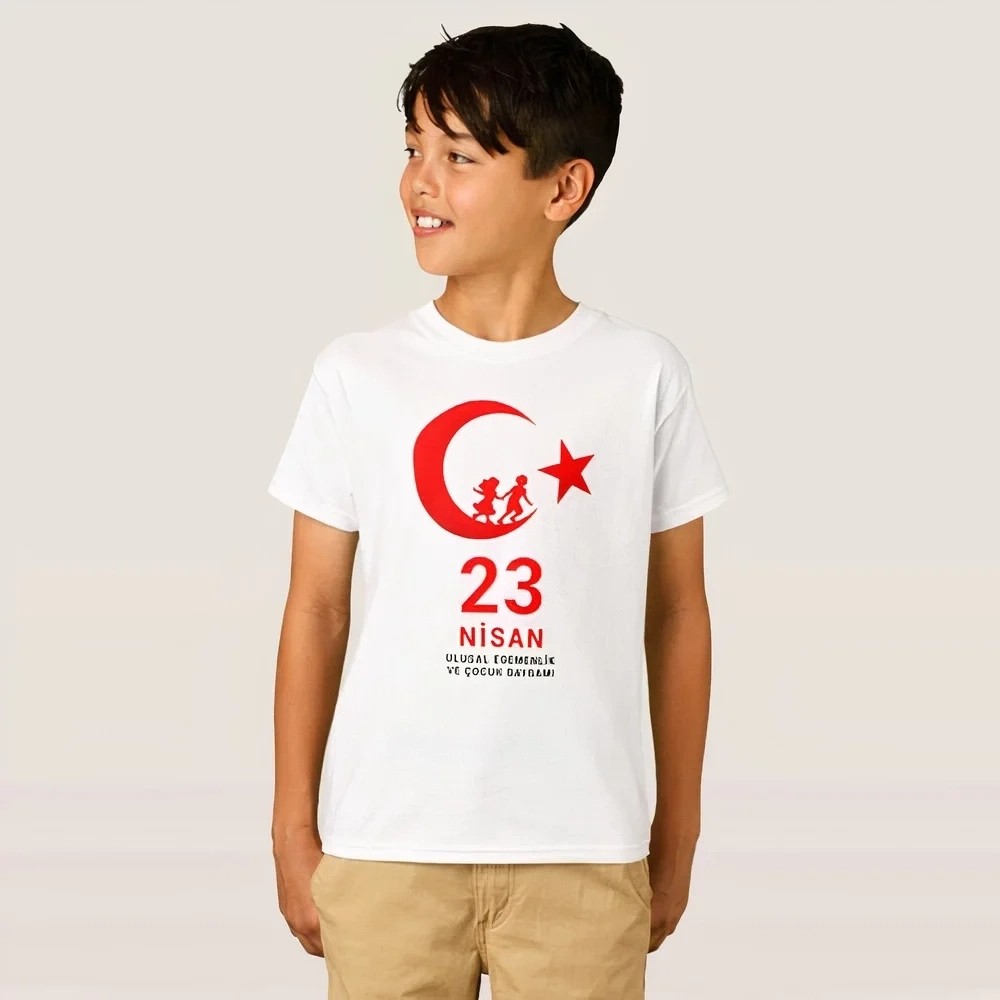 Tarz Yeri Çocuk 23 Nisan Ulusal Egemenlik ve Çocuk Bayramı Baskılı Bisiklet Yaka T-Shirt - Beyaz