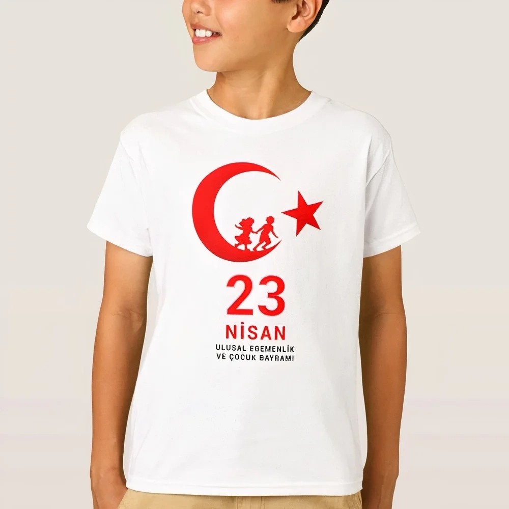 Tarz Yeri Çocuk 23 Nisan Ulusal Egemenlik ve Çocuk Bayramı Baskılı Bisiklet Yaka T-Shirt - Beyaz görsel 2