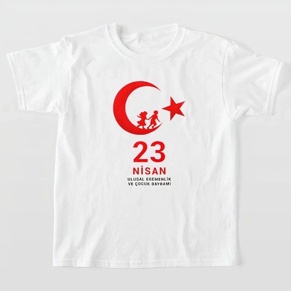 Tarz Yeri Çocuk 23 Nisan Ulusal Egemenlik ve Çocuk Bayramı Baskılı Bisiklet Yaka T-Shirt - Beyaz görsel 3
