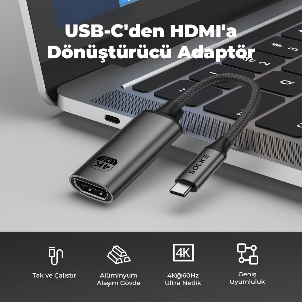 Aesco Solke Usb-C To HDMI Adaptör 0.2 Metre 4K 60Hz Type-C To HDMI Çevirici Dönüştürücü Kablo Thunderbolt 3/4 Macbook Uyumlu görsel 2