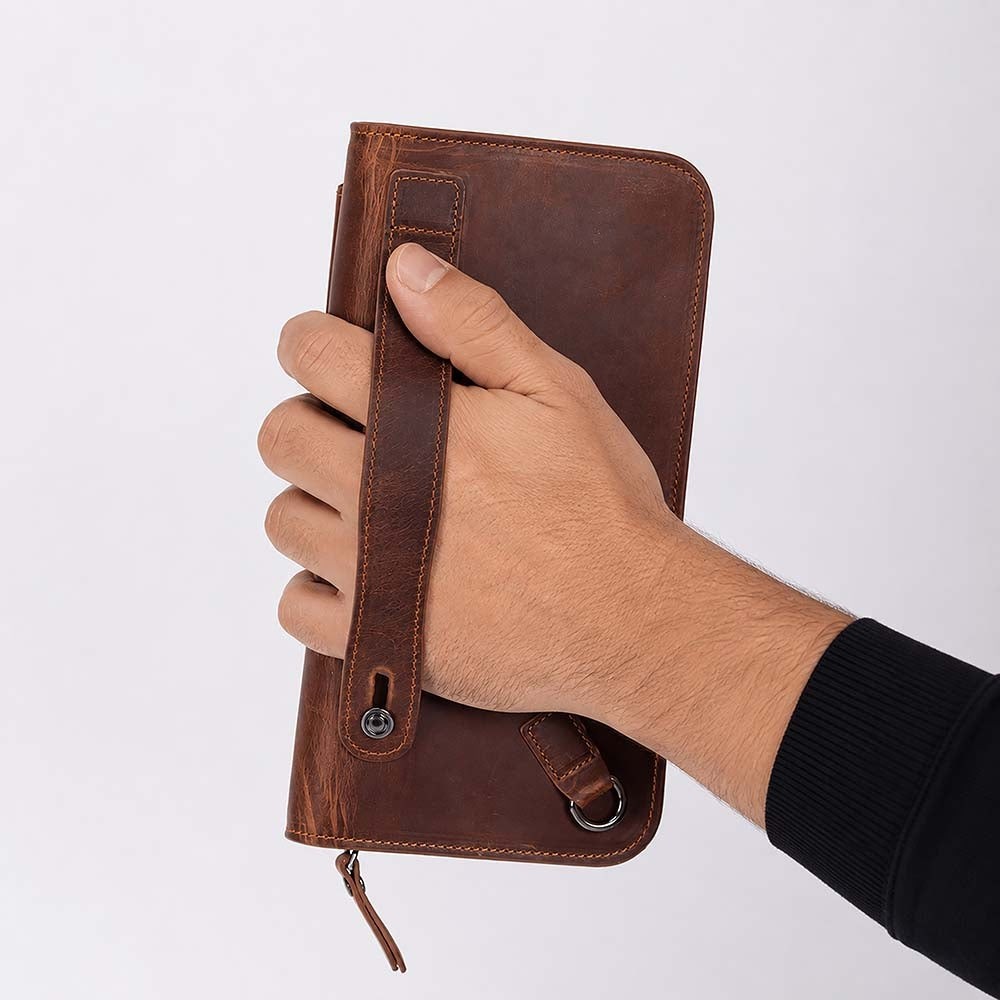BloominBag Faron Saddle Heritage Telefon Bölmeli Hakiki Deri Unisex Clutch Çanta görsel 7
