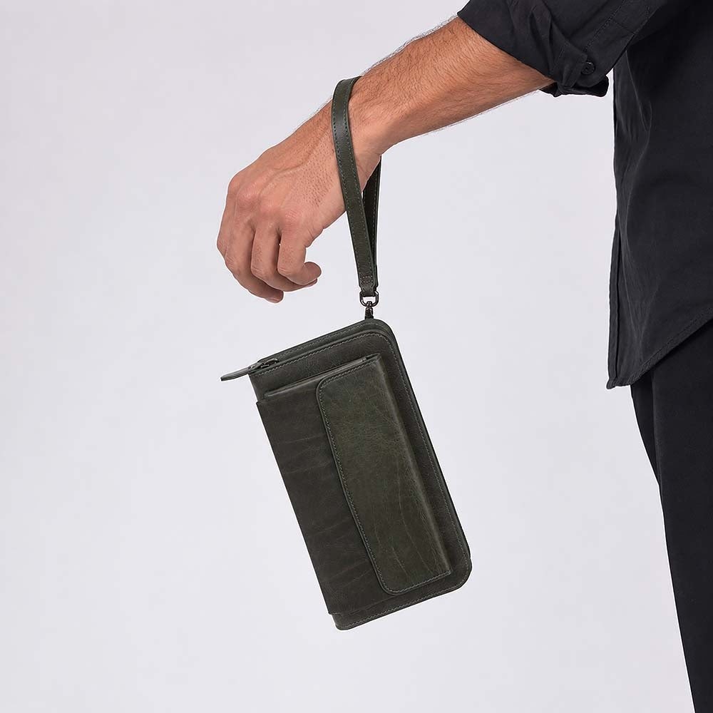 BloominBag Faron Forest Green Telefon Bölmeli Hakiki Deri Unisex Clutch Çanta görsel 8