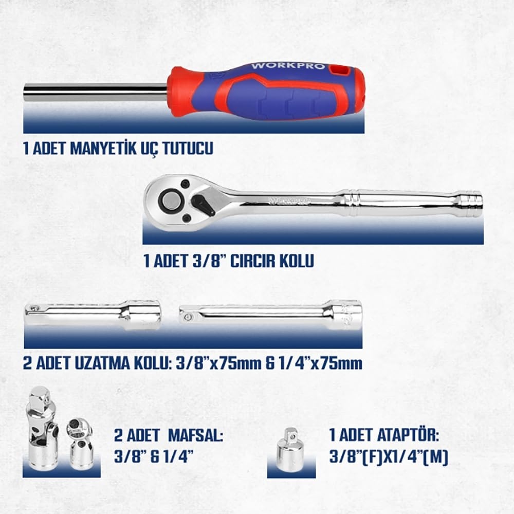 Die Grup Workpro WP202524 1/4'’ 3/8’’ Metrik 75 Parça Cr-V Profesyonel Lokma Takımı görsel 5
